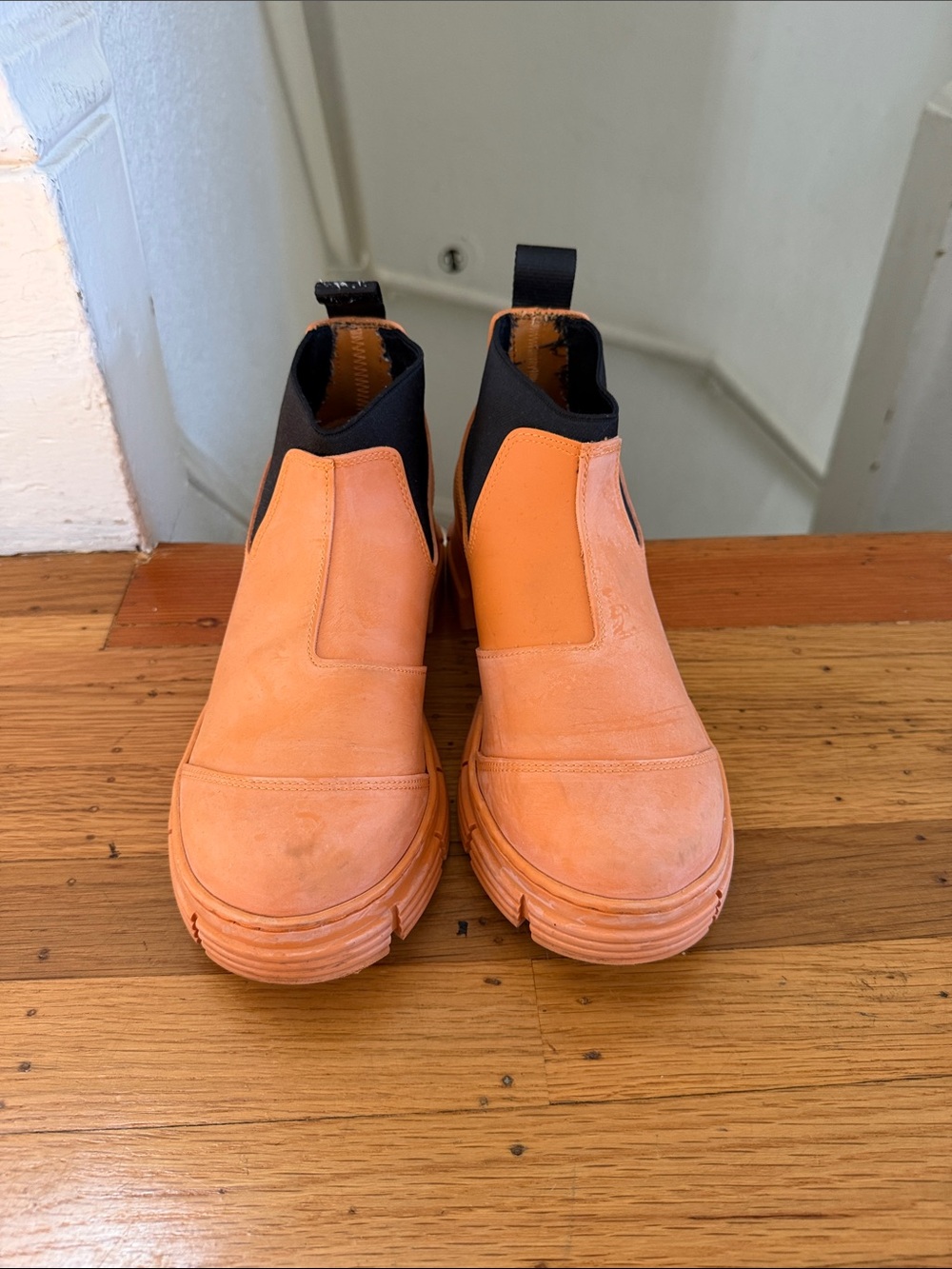 Ganni Orange Leather Chelsea Booties with Black Elastic